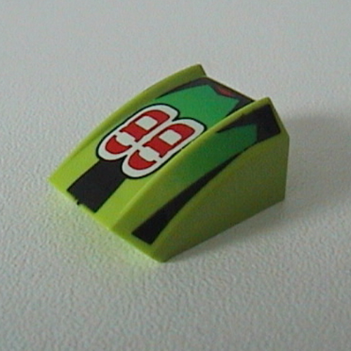 Visuel indicatif Rebrickable de Brique courbée 2 x 2 avec lèvre, sans tenons avec '88', motif imprimé à rayures vertes/noires (Brick Curved 2 x 2 with Lip, No Studs with '88', Green Fade/Black Stripes Print)