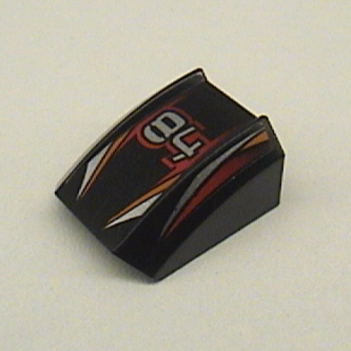 Visuel indicatif Rebrickable de Brique courbée 2 x 2 avec lèvre, sans tenons avec '84', motif imprimé rayures orange/rouge/argent (Brick Curved 2 x 2 with Lip, No Studs with '84', Orange/Red/Silver Stripes Print)