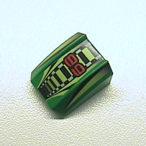 Visuel indicatif Rebrickable de Brique courbée 2 x 2 avec lèvre, sans tenons avec '89', motif imprimé rayures vert citron/noir/blanc (Brick Curved 2 x 2 with Lip, No Studs with '89', Lime/Black/White Stripes Print)