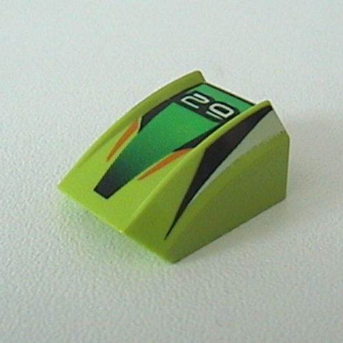 Visuel indicatif Rebrickable de Brique courbée 2 x 2 avec lèvres, sans tenons avec '29', motif imprimé rayures vertes/noires (Brick Curved 2 x 2 with Lip, No Studs with '29', Green/Black Stripes Print)