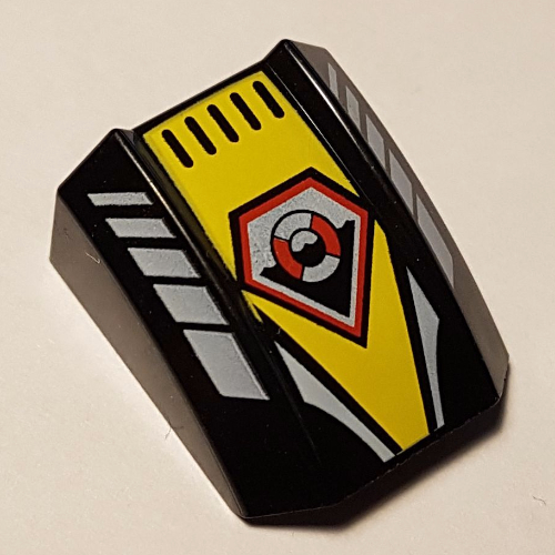 Visuel indicatif Rebrickable de Brique courbée 2 x 2 avec lèvre, sans tenons avec motif imprimé de gilet de sauvetage blanc/jaune/rouge (Brick Curved 2 x 2 with Lip, No Studs with White/Yellow/Red Life Preserver Print)