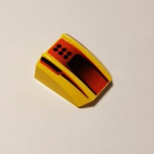 Visuel indicatif Rebrickable de Brique courbe 2 x 2 avec Lip, sans tenons avec points noirs et Scoop sur motif imprimé rouge (Brick Curved 2 x 2 with Lip, No Studs with Black Dots and Scoop on Red Print)