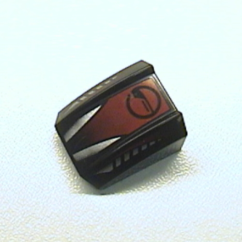 Visuel indicatif Rebrickable de Brique courbée 2 x 2 avec lèvre, sans tenons avec argent et rouge avec motif imprimé cercle (Brick Curved 2 x 2 with Lip, No Studs with Silver and Red with Circle Print)
