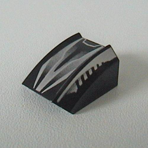 Visuel indicatif Rebrickable de Brique courbée 2 x 2 avec lèvre, sans tenons avec motif imprimé argenté et noir élégant (Brick Curved 2 x 2 with Lip, No Studs with Sleek Silver and Black Print)