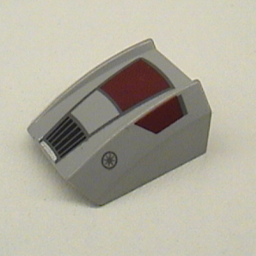 Visuel indicatif Rebrickable de Brique courbée 2 x 2 avec lèvres, sans tenons avec panneaux rouge foncé, grille noire, République Insigne imprimé (Brick Curved 2 x 2 with Lip, No Studs with Dark Red Panels, Black Grill, Republic Insignia Print)