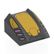 Visuel indicatif Rebrickable de Brique courbée 2 x 2 avec lèvre, sans tenons avec armure plaquée or, évents roses motif imprimé (Brick Curved 2 x 2 with Lip, No Studs with Gold Armor Plating, Pink Vents Print)