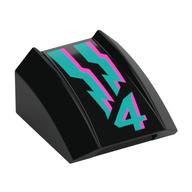 Visuel indicatif Rebrickable de Brique courbée 2 x 2 avec lèvre, sans tenons avec des lignes rose foncé et turquoise foncé et motif imprimé '4' (Brick Curved 2 x 2 with Lip, No Studs with Dark Pink and Dark Turquoise Lines and '4' Print)