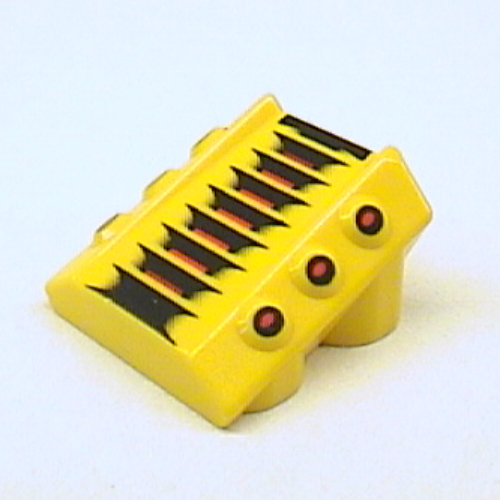 Visuel indicatif Rebrickable de Brique inclinée 2 x 2 sans tenons, avec 3 pistons latéraux sur les bords relevés et des lignes rouges / noires et des points rouges motif imprimé (Brick Sloped 2 x 2 No Studs, with 3 Side Pistons Raised Edges and Red/Black Lines and Red Dots Print)