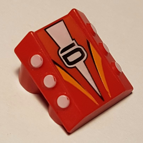 Visuel indicatif Rebrickable de Brique inclinée 2 x 2 sans tenons, avec 3 pistons latéraux sur les bords et '6', triangle blanc et rayures orange imprimé (Brick Sloped 2 x 2 No Studs, with 3 Side Pistons Raised Edges and '6', White Triangle and Orange Stripes Print)