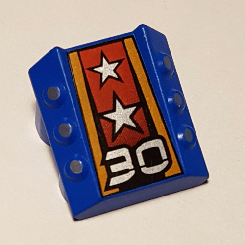 Visuel indicatif Rebrickable de Brique inclinée 2 x 2 sans tenons, avec 3 pistons latéraux sur les bords et '30', motif imprimé étoiles argentées (Brick Sloped 2 x 2 No Studs, with 3 Side Pistons Raised Edges and '30', Silver Stars Print)
