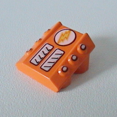 Visuel indicatif Rebrickable de Brique inclinée 2 x 2 sans tenons, avec 3 pistons latéraux sur les bords et Lightor éclair Bolt motif imprimé (Brick Sloped 2 x 2 No Studs, with 3 Side Pistons Raised Edges and Lightor Lightning Bolt Print)