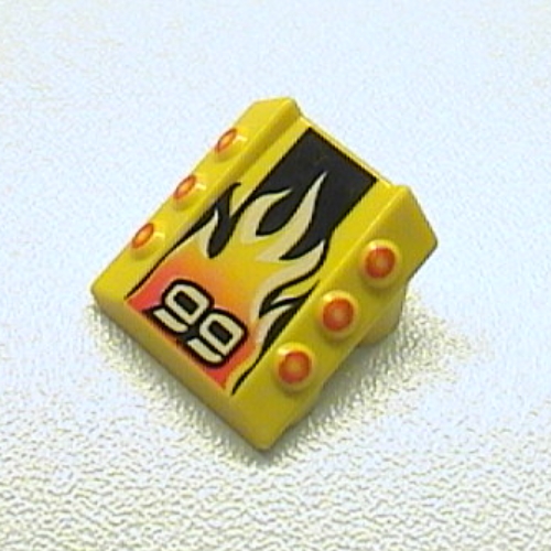 Visuel indicatif Rebrickable de Brique inclinée 2 x 2 sans tenons, avec 3 pistons latéraux sur les bords et '99', bande noire, motif imprimé à la flamme (Brick Sloped 2 x 2 No Studs, with 3 Side Pistons Raised Edges and '99', Black Stripe, Flame Print)
