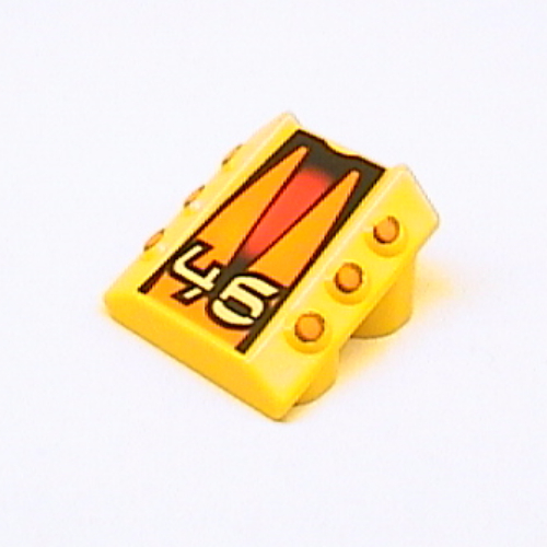 Visuel indicatif Rebrickable de Brique inclinée 2 x 2 Non tenons, avec 3 pistons latéraux surélevés et '46', motif imprimé Pistons et Triangles Oranges (Brick Sloped 2 x 2 No Studs, with 3 Side Pistons Raised Edges and '46', Orange Pistons and Triangles Print)