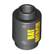 Visuel indicatif Rebrickable de Brique ronde 1 x 1 avec motif imprimé 'BAT MERCH' jaune et vis argentées (Brick Round 1 x 1 with Yellow 'BAT MERCH' and Silver Screws Print)