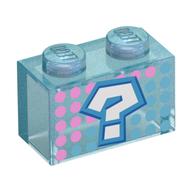 Visuel indicatif Rebrickable de Brique 1 x 2 avec motif imprimé bleu foncé '?', rose foncé/points turquoise foncé (Brick 1 x 2 with Dark Azure '?', Dark Pink/Dark Turquoise Dots Print)