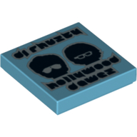 Visuel indicatif Rebrickable de Tuile 2 x 2 avec 'dj rhuzky', 'hollywood dawez' et Têtes noires avec motif imprimé de lunettes (Tile 2 x 2 with 'dj rhuzky', 'hollywood dawez' and Black Heads with Glasses Print)