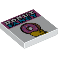 Visuel indicatif Rebrickable de Tuile 2 x 2 avec 'DONUT FANCY' et beignet en minifigurine imprimé à la main (Tile 2 x 2 with 'DONUT FANCY' and Doughnut in Minifig Hand Print)