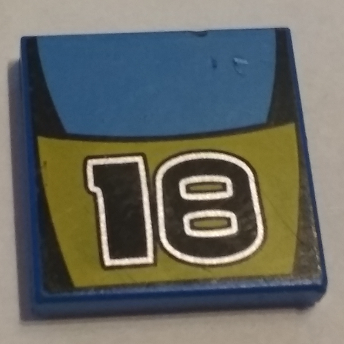 Visuel indicatif Rebrickable de Tuile 2 x 2 avec le numéro 18 et bleu moyen / motif imprimé rayures jaunes (Tile 2 x 2 with Number 18 and Medium Blue / Yellow Stripes Print)