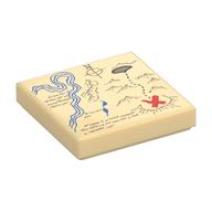 Visuel indicatif Rebrickable de Tuile 2 x 2 avec carte rivière, montagnes beige foncées, écriture manuscrite et motif imprimé rouge x (Tile 2 x 2 with Map River, Dark Tan Mountains, Handwriting and Red X Print)