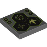 Visuel indicatif Rebrickable de Tuile 2 x 2 avec 3 hexagones, vaisseau spatial et caractères étrangers motif imprimé (Tile 2 x 2 with 3 Hexagons, Spaceship and Alien Characters Print)