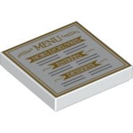 Visuel indicatif Rebrickable de Tuile 2 x 2 avec imprimé 'Menu, Hors D'Oeuvres, Entrees and Desserts' stylisé (Tile 2 x 2 with Stylised 'Menu, Hors D'Oeuvres, Entrees and Desserts' Print)