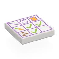 Visuel indicatif Rebrickable de Tuile 2 x 2 avec calendrier de lavande, lapins, carotte, marque de vert citron motif imprimé (Tile 2 x 2 with Lavender Calendar, Bunnies, Carrot, Lime Marks Print)