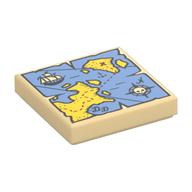 Visuel indicatif Rebrickable de Tuile 2 x 2 avec carte rouge 'X', bateau à voile, boussole et motif imprimé bleu et jaune (Tile 2 x 2 with Map with Red 'X', Sail Boat, Compass and Blue and Yellow Print)