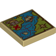 Visuel indicatif Rebrickable de Tuile 2 x 2 avec carte bleue et verte avec voilier, coffre au trésor et motif imprimé rouge 'X' (Tile 2 x 2 with Map Blue and Green with Sailing Ship, Treasure Chest and Red 'X' Print)