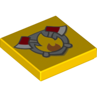 Visuel indicatif Rebrickable de Tuile 2 x 2 avec bouclier avec feu et motif imprimé 2 axes (Tile 2 x 2 with Shield with Fire and 2 Axes Print)