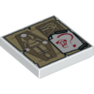 Visuel indicatif Rebrickable de Tuile 2 x 2 avec parchemin beige avec sarcophage et œil d'horus et papier blanc avec gemme rouge et motif point d'interrogation (Tile 2 x 2 with Tan Parchment with Sarcophagus and Eye of Horus and White Paper with Red Gem and Question Mark Pattern)