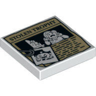 Visuel indicatif Rebrickable de Tuile 2 x 2 avec trombone, citrouille jack o' lanterne image et 'STOLEN TROPHY' article de journal motif imprimé (Tile 2 x 2 with Paper Clip, Pumpkin Jack O' Lantern Image and 'STOLEN TROPHY' Newspaper Article Print)