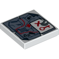 Visuel indicatif Rebrickable de Tuile 2 x 2 avec carte, trombone, touche rouge et motif imprimé 'X' (Tile 2 x 2 with Map, Paper Clip, Red Key and 'X' Print)