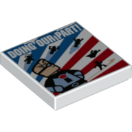 Visuel indicatif Rebrickable de Tuile 2 x 2 avec des rayures rouges blanches bleues et un motif imprimé 'DOING OUR PART!' (Tile 2 x 2 with Red White Blue Stripes and 'DOING OUR PART!' Superheroes Print)