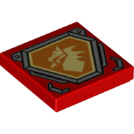 Visuel indicatif Rebrickable de Tuile 2 x 2 avec tête de dragon jaune clair vif sur le bouclier hexagonal orange avec motif imprimé bord argenté (Tile 2 x 2 with Bright Light Yellow Dragon Head on Orange Hexagonal Shield with Silver Border Print)