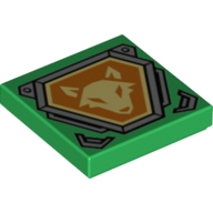 Visuel indicatif Rebrickable de Tuile 2 x 2 avec tête de renard jaune clair vif sur Bouclier hexagonal orange avec motif imprimé bord argenté (Tile 2 x 2 with Bright Light Yellow Fox Head on Orange Hexagonal Shield with Silver Border Print)