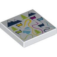 Visuel indicatif Rebrickable de Tuile 2 x 2 avec la carte de station de ski avec des drapeaux, des arbres et des montagnes imprimé (Tile 2 x 2 with Map of Ski Resort with Flags, Trees and Mountains Print)