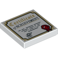 Visuel indicatif Rebrickable de Tuile 2 x 2 avec 'Certificate of Achievement', Ruban rouge, Bordure dorée imprimé (Tile 2 x 2 with 'Certificate of Achievement', Red Ribbon, Gold Border Print)