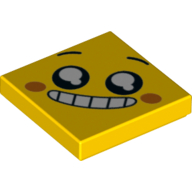 Visuel indicatif Rebrickable de Tuile 2 x 2 avec yeux noirs, grand sourire / bouche de sourire, dents, motif imprimé de points orange foncé (Tile 2 x 2 with Black Eyes, Big Smile/Grin Mouth, Teeth, Dark Orange Dots Print)