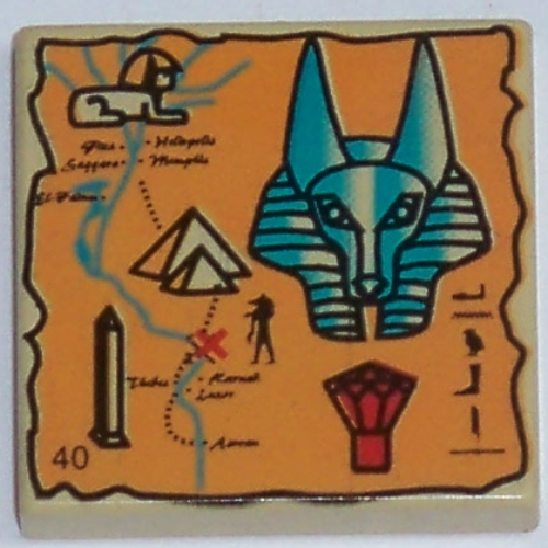 Visuel indicatif Rebrickable de Tuile 2 x 2 avec carte orange et hiéroglyphes, tête Anubis, 40 motifs imprimés (Tile 2 x 2 with Orange Map and Hieroglyphs, Anubis Head, 40 Print)