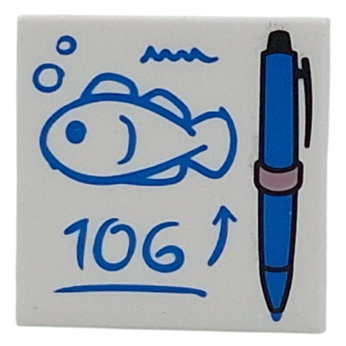 Visuel indicatif Rebrickable de Tuile 2 x 2 avec stylo bleu, dessin de poisson, motif imprimé '106' (Tile 2 x 2 with Blue Pen, Drawing of Fish, '106' Print)