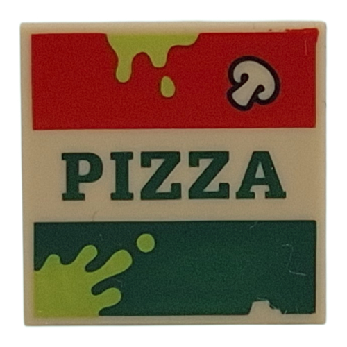 Visuel indicatif Rebrickable de Tuile 2 x 2 avec boîte à pizza, champignon, tilleul motifs imprimés (Tile 2 x 2 with Pizza Box, Mushroom, Lime Splotches Print)