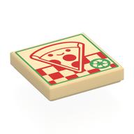 Visuel indicatif Rebrickable de Tuile 2 x 2 avec boîte à pizza, pizza rouge souriante, bordure verte motif imprimé (Tile 2 x 2 with Pizza Box, Red Smiling Pizza, Green Border Print)