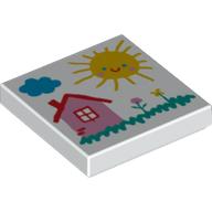 Visuel indicatif Rebrickable de Tuile 2 x 2 avec dessin d'enfant d'une maison, soleil, nuage et motif imprimé de fleurs (Tile 2 x 2 with Child's Drawing of a House, Sun, Cloud, and Flowers Print)