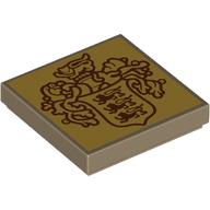 Visuel indicatif Rebrickable de Tuile 2 x 2 avec crête brun rougeâtre sur fond doré motif imprimé (Tile 2 x 2 with Reddish Brown Crest on Gold Background Print)