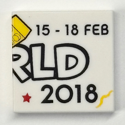 Visuel indicatif Rebrickable de Tuile 2 x 2 avec motif imprimé '15-18 FEB RLD 2018' (Tile 2 x 2 with '15-18 FEB RLD 2018' Print)
