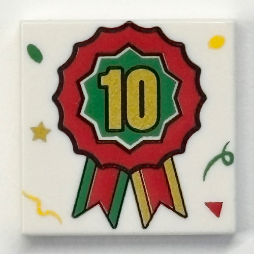 Visuel indicatif Rebrickable de Tuile 2 x 2 avec ruban vert/rouge, motif imprimé or '10' (Tile 2 x 2 with Green/Red Ribbon, Gold '10' Print)