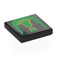 Visuel indicatif Rebrickable de Tuile 2 x 2 avec silhouette de glinda et elphaba sur fond vert, motif imprimé porte d'or (Tile 2 x 2 with Silhouette of Glinda and Elphaba against Green Background, Gold Door Print)