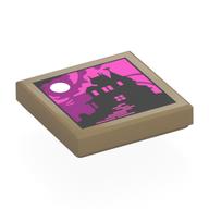 Visuel indicatif Rebrickable de Tuile 2 x 2 avec silhouette de maison noire, violet foncé/ciel rose foncé, motif imprimé lune (Tile 2 x 2 with Black House Silhouette, Dark Purple/Dark Pink Sky, Moon Print)