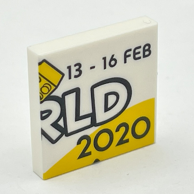 Visuel indicatif Rebrickable de Tuile 2 x 2 avec motif imprimé '13-16 FEB' et 'RLD 2020' (Tile 2 x 2 with '13-16 FEB' and 'RLD 2020' Print)