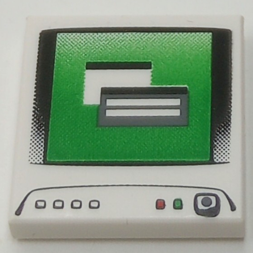 Visuel indicatif Rebrickable de Tuile 2 x 2 avec écran d'ordinateur, gris bleuté foncé commutateur point motif imprimé (Tile 2 x 2 with Computer Monitor, Dark Bluish Gray Power Switch Dot Print)